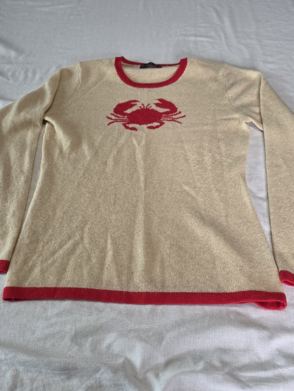Hannah Rose 100% Cashmere Red Crab Beige Crewneck Sweater Women's Sz L See Note